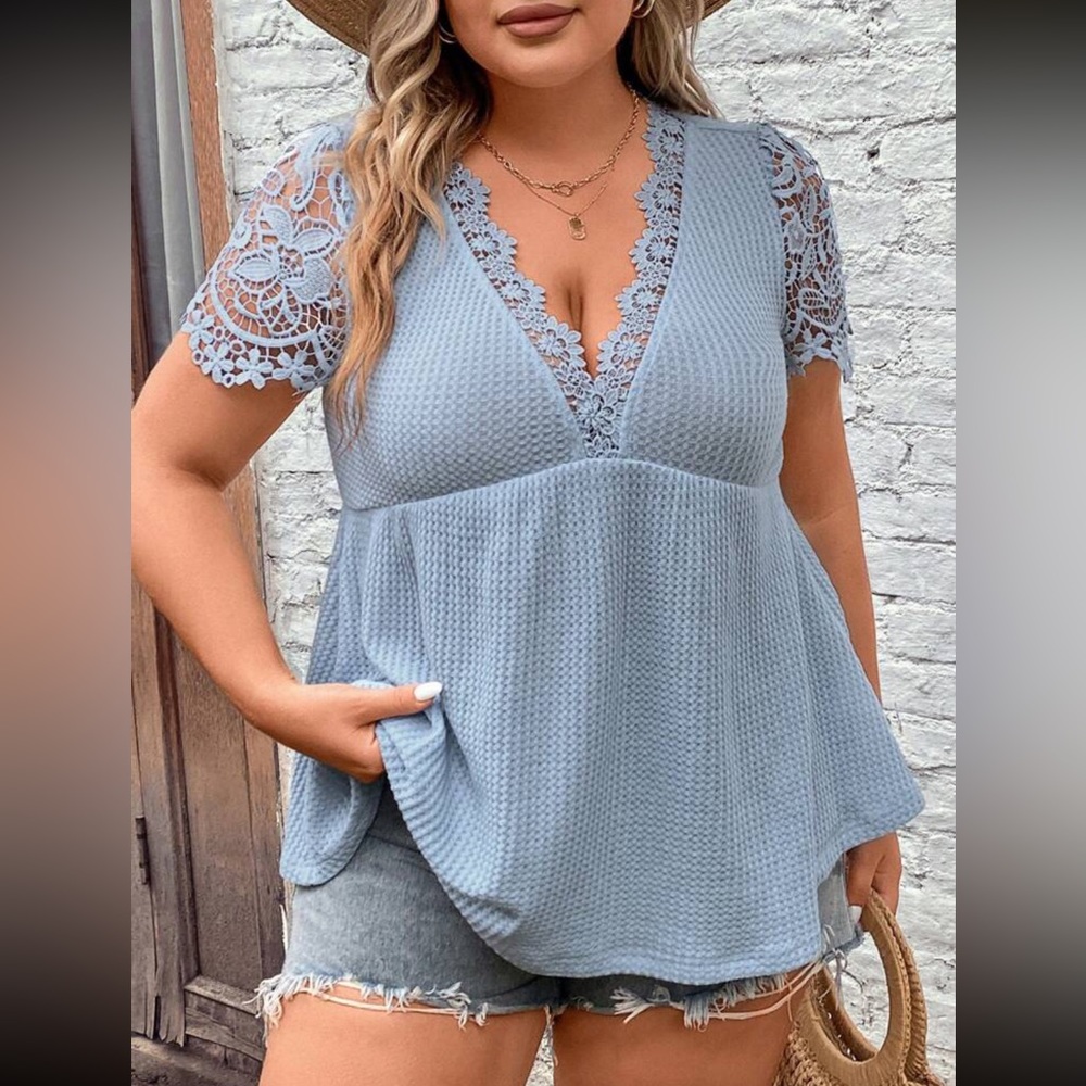 034  Boho Floral Lace Light waffle Knit Top - Picture 7 of 12